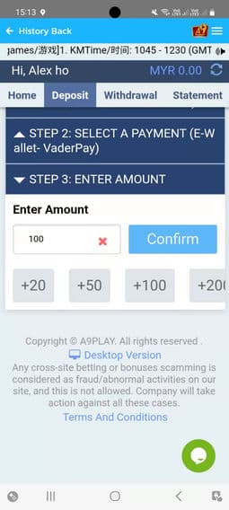 How to deposit and top up a9play — step 1