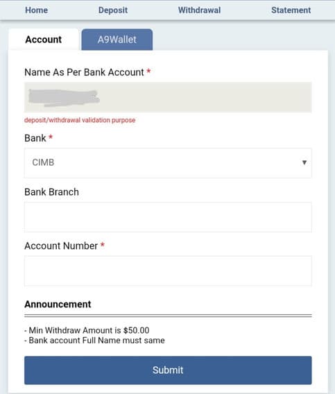 How to withdraw from the a9play ewallet step 1